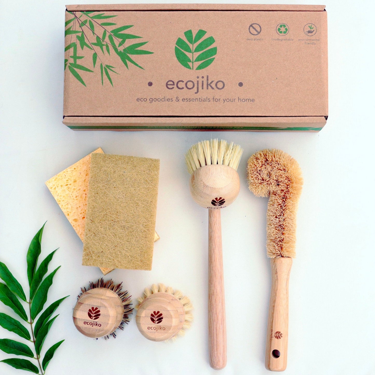 Zero Waste Kitchen Starter Kit | Natural Wooden Bamboo and Plant Based Brushes, Bamboo Dish Cloth and Cellulose Sponge Scourer Dish Brush Gift Set