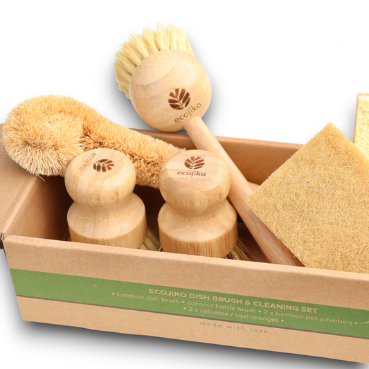 Zero Waste Kitchen Starter Kit | Natural Wooden Bamboo and Plant Based Brushes, Bamboo Dish Cloth and Cellulose Sponge Scourer Dish Brush Gift Set