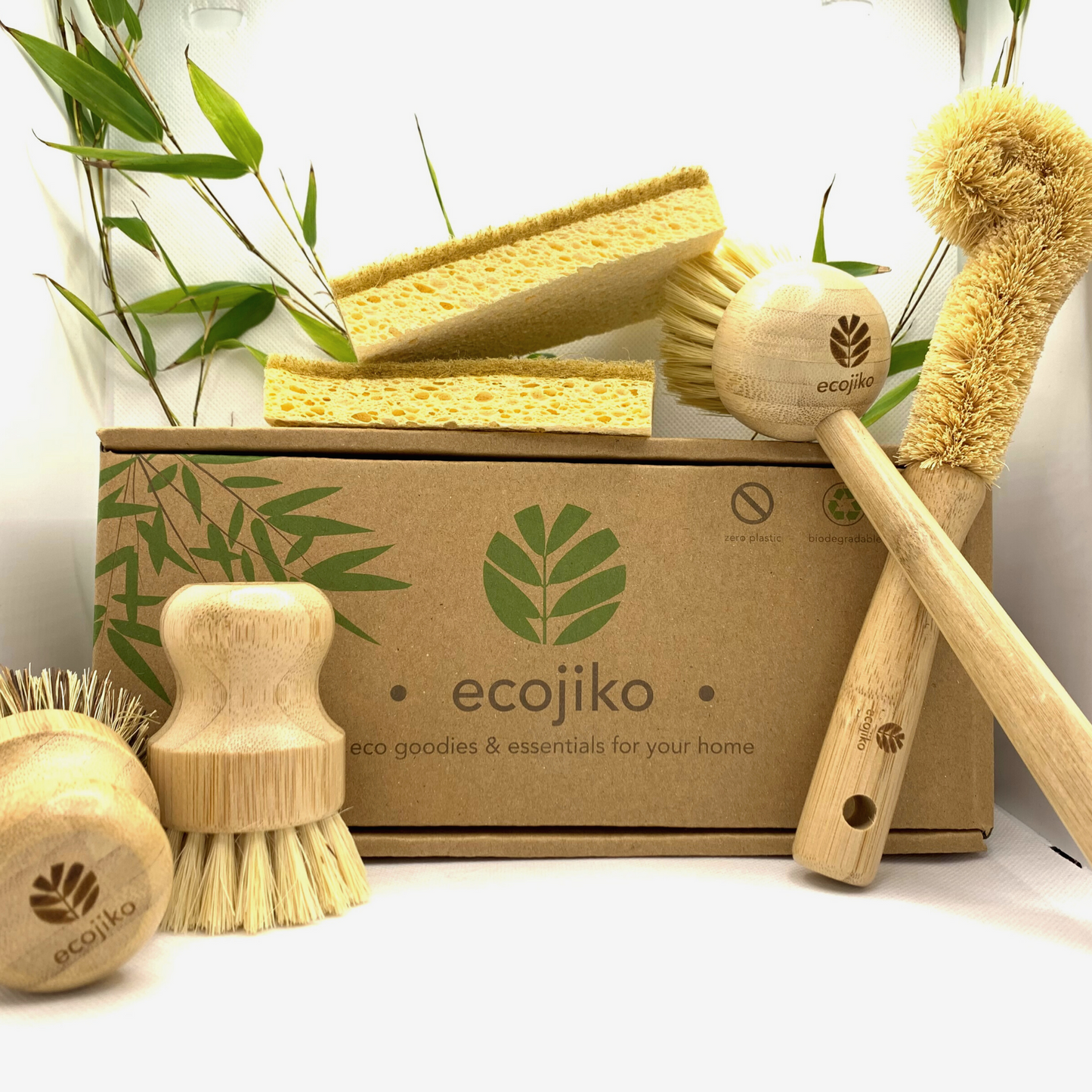 Zero Waste Kitchen Starter Kit | Natural Wooden Bamboo and Plant Based Brushes, Bamboo Dish Cloth and Cellulose Sponge Scourer Dish Brush Gift Set